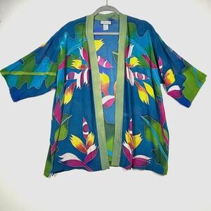 Simply Silk Women's Blue Green Floral Bird of Paradise Kimono One Size Cover up